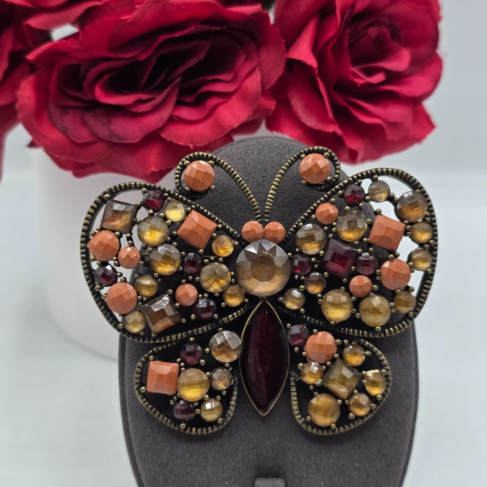Artisan Butterfly Brooch Rhinestone Gemstone Antique Gold Tone Estate Jewelry